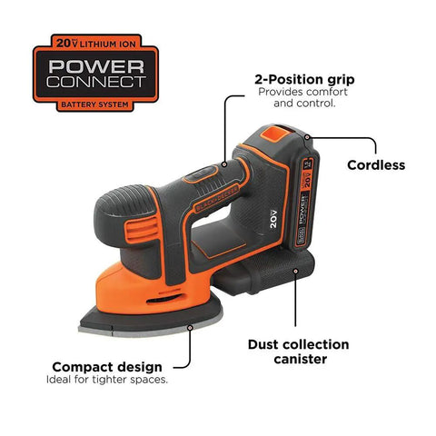 20V Max Sheet Sander with 12,000 OPM for fast material removal, detail finger attachment for tight surfaces, lightweight design