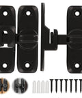 Two Pack Pocket Sliding Barn Door Lock Latch With 90 and 180 Degree Flip For Privacy Heavy Duty Alloy Hardware Weather Resistant Fit For Cabinets Barn Doors Bathrooms And Garden Doors Black Finish shown in parts with screws