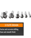 Six-piece countersink drill bit set in silver, 3-flute HSS design for metal and wood, 1/4–1/2 in sizes.