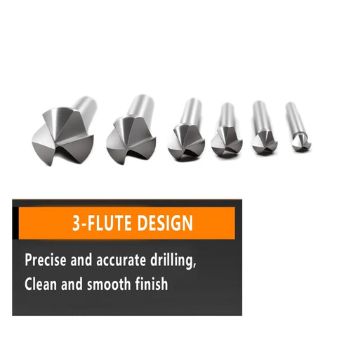 Six-piece countersink drill bit set in silver, 3-flute HSS design for metal and wood, 1/4–1/2 in sizes.