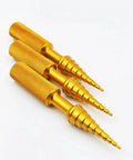 Thinking Process: three gold aluminum bearing puller tools with stepped tips for 2mm to 14mm bore removal