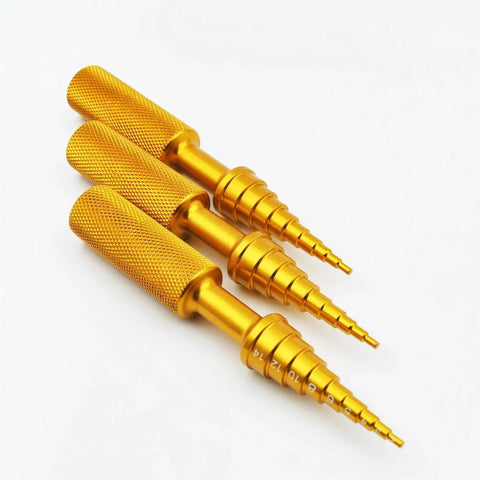 Thinking Process: three gold aluminum bearing puller tools with stepped tips for 2mm to 14mm bore removal