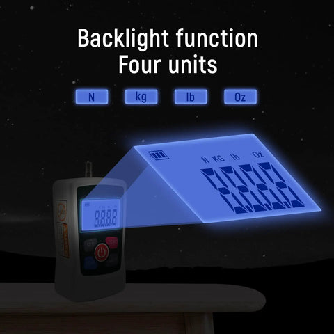 Digital Pro Grade Force Gauge Push and Pull Tester 500N Max With Four Units N Kg Lb Oz Auto Backlight And Buzzer Alarm 1 Percent Accuracy Real Time Peak First Peak Modes Built For Real World Use, handheld display lit