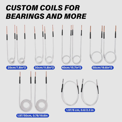 Custom heating coils for Straight Up 1800W Magnetic Induction Heater, sizes ranging from 6cm to 50cm for various applications.