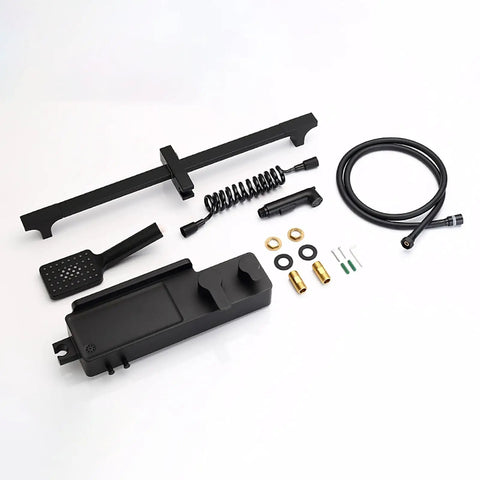 MXJIAYDNX Rain Shower System Black Shower Faucet Set Brass Shower Combo Set Wall Mounted Rain Mixer Shower components laid out.