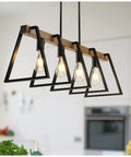 Modern Four Light Kitchen Island Pendant Fixture in Black Oak, 33.5 Inch Linear, Chandelier in Dining Room Setting