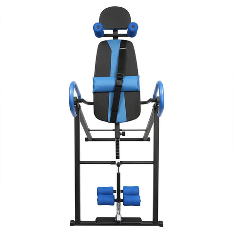 Inversion Table For Back Pain Relief With A 330lb Capacity Decompression Stretcher, blue and black design with adjustable supports.