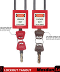 Front view of Lockout Tagout Locks Set with ten red padlocks keyed differently two keys per lock OSHA compliant safety locks.