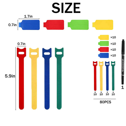 80 Pack Reusable Cable Labels And Cord Organizer Kit with color-coded wire tags, ties, and marker for home office cable management.