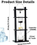 Nailing Your Daily Grind With This Barista Grade Ice Coffee Drip Tower And 1000Ml Glass Brewer with size details shown.