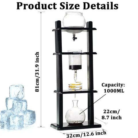 Nailing Your Daily Grind With This Barista Grade Ice Coffee Drip Tower And 1000Ml Glass Brewer with size details shown.
