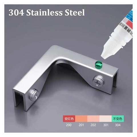 Stainless Steel Cabinet Shelf Clips Two Piece Glass Clamp Kit showing steel part and adhesive for secure panel fixing