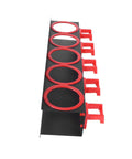 Heavy Metal Spray Bottle Storage Rack With Padded Hooks, black metal organizer with five padded slots, side view.