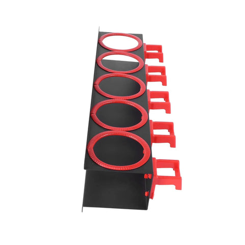 Heavy Metal Spray Bottle Storage Rack With Padded Hooks, black metal organizer with five padded slots, side view.