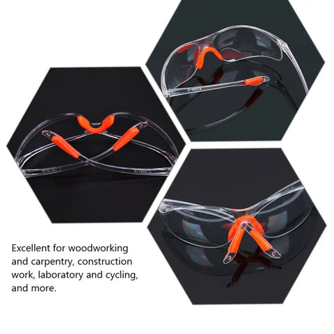 Four Pack Real Deal Fogless Safety Glasses With Thick Padding And Rounded Edges Windproof Splash Goggles side view with orange padding.