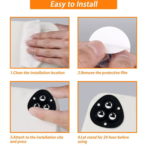 Self Adhesive Caster Wheels For Kitchen Appliances 360 Degree Swivel Rollers With Rock Solid Peel And Stick Backing For Heavy Duty Trash Can Sliders And Furniture Roll Smooth No Hassle Install Black Eight Pack installation steps with hands showing cleaning and attaching wheels.