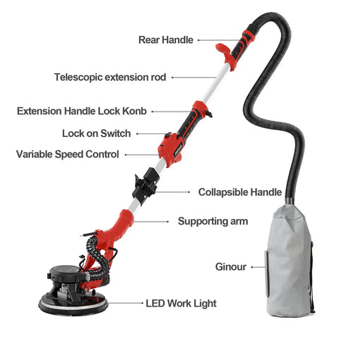 Heavy Duty 810W Drywall Sander With Vacuum Attachment And LED Light, variable speed, telescopic extension, labeled parts view