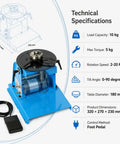 Technical specifications of Heavy Duty Welding Positioner Turntable featuring a blue platform, 180 mm table diameter, and foot pedal control.