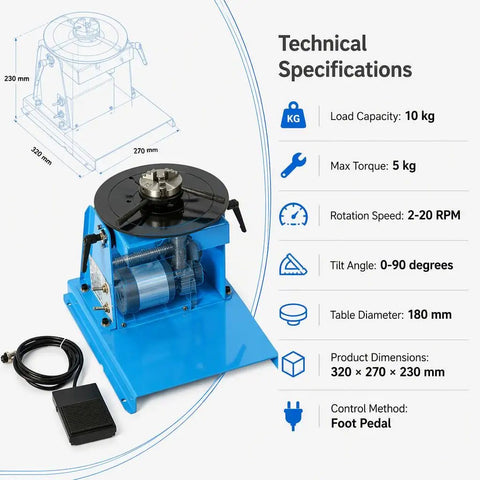 Technical specifications of Heavy Duty Welding Positioner Turntable featuring a blue platform, 180 mm table diameter, and foot pedal control.