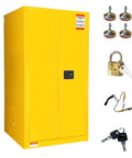 Heavy Duty Flammable Storage Cabinet 60 Gallon Double Wall Safety Vault with padlock, keys, and leveling pads for shop use.