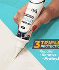 White Premixed Acrylic Sanded Grout Filler Kit For Tile Repairs In Bathrooms Showers And Kitchens With Water Resistant Tube in use, applying grout filler to tile crack.