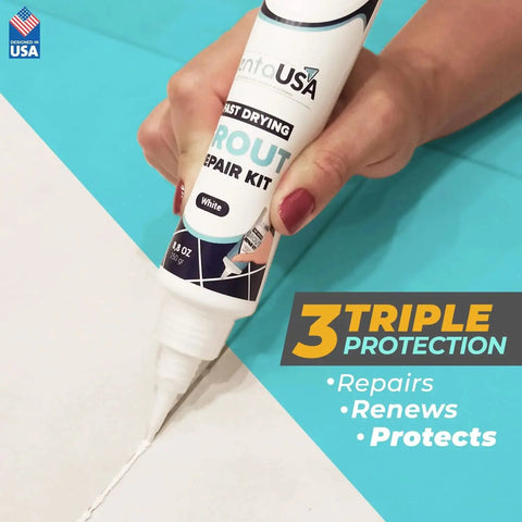 White Premixed Acrylic Sanded Grout Filler Kit For Tile Repairs In Bathrooms Showers And Kitchens With Water Resistant Tube in use, applying grout filler to tile crack.