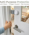 Heavy Duty 4 Pack Door Pinch Guards That Save Littles From Darn Door Slams And Keep The Nursery Secure With A Quick No Tool Installation Process Inside Any House on a door with a child's hand