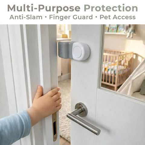 Heavy Duty 4 Pack Door Pinch Guards That Save Littles From Darn Door Slams And Keep The Nursery Secure With A Quick No Tool Installation Process Inside Any House on a door with a child's hand