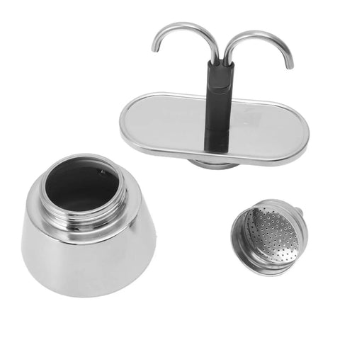 Stovetop Espresso Maker Real Deal Silver Stainless Steel Two Cup Italian Brew Pot components including spout and filter.
