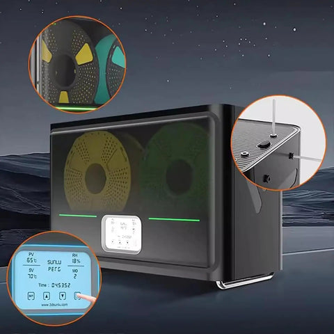 Kickass Smart 3D Printer Filament Dry Box Holds Four Spools with intelligent humidity control and touchscreen interface.