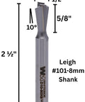 Premium 10 Degree Dovetail Router Bit With A Half Inch Large Diameter And 8mm Shank for precise dovetail joints, showing size measurements.