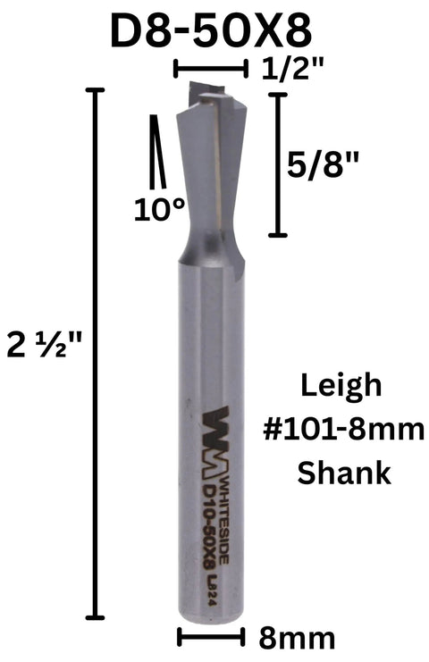 Premium 10 Degree Dovetail Router Bit With A Half Inch Large Diameter And 8mm Shank for precise dovetail joints, showing size measurements.