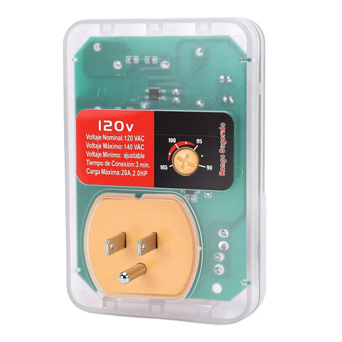 Heavy Duty Automatic Voltage Protector With Over And Under Voltage Cutoff Surge Shield For Fridge And AC And Home Electronics showing connectors and control panel.