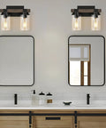 Farmhouse Wood Black Vanity Light Fixture Dope Two Light Rustic Wall Sconce With Clear Glass Shade Over Double Sink Mirror