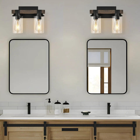 Farmhouse Wood Black Vanity Light Fixture Dope Two Light Rustic Wall Sconce With Clear Glass Shade Over Double Sink Mirror