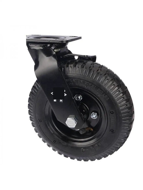 Rock Solid Eight Inch Pneumatic Rubber Caster With Side Brake Lock For Hotel Luggage Cart Rollin Smooth And Hassle Free Universal Stem Mount Caddy Wheel close-up view of black rubber wheel with brake.