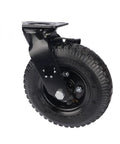 Top Shelf 8 Inch Pneumatic Rubber Swivel Caster Featuring Dependable Side Brake For Universal Hotel Luggage Cart And Badass Heavy Duty Rolling Equipment Setup, black rubber wheel.