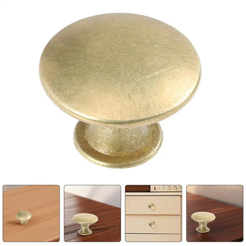 Vintage Round Cabinet Knobs Gold Finish Set Of 6 close-up view showing round flat-head design for cabinets and furniture.