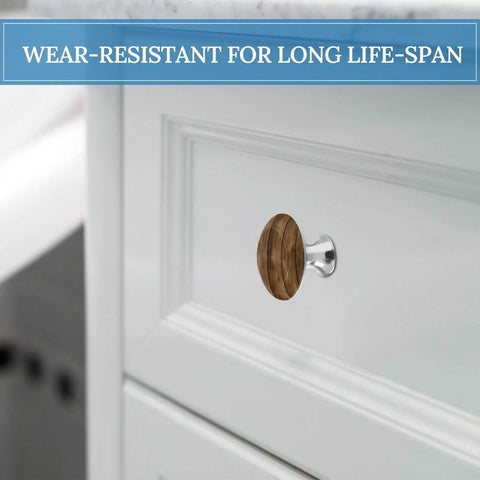 Installed Crystal Glass Round Cabinet Knob with Stainless Steel Base, Teak Wood Plank Texture, perfect for home decor.