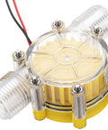 On The Go Micro Hydroelectric Turbine Generator Portable Water Charger With Half Inch Inlet 80V Output For Outdoor Off Grid Power UV Resistant And Built Tough For Long Life featuring a clear and yellow compact unit with wiring and half inch inlet.