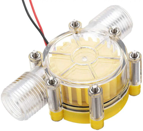 Clear micro hydroelectric water flow turbine generator with 1/2 inch ports for off-grid use, part of set of 5 with UV-resistant housing.