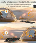Camping setup with 40W Foldable Solar Panel Charger outside tent, angled to sun for optimal charging, illustrating efficiency at angles.