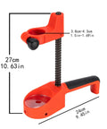 Heavy Duty Drill Press Stand With Fixed Handle And Telescopic Spring For Benchtop Workstation, red steel frame, dimensions shown.