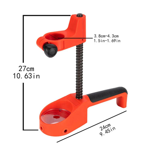 Heavy Duty Drill Press Stand With Fixed Handle And Telescopic Spring For Benchtop Workstation, red steel frame, dimensions shown.