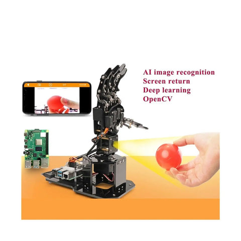 Palm Robot Manipulator With Visual Somatosensory Recognition And Pi Programming For A Hands On AI Vision Learning Drawing And Imitation Through Multiple Control Methods Ideal For Coding Projects And Prototyping, black hand robot with Raspberry Pi and phone app