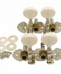 Premium White Ukulele Tuner Pegs And Keys With Smooth Gear Action Compact Metal Alloy Machine Heads Featuring Decorative Plates Easy Install Hardware Set For Seamelss Sound close-up view with screws and washers