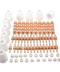 Ultimate 85 Pc Plasma Cutter Consumables Kit For Pt31 Lg40 Torch featuring copper nozzles and ceramic parts for 40 Amp machines.