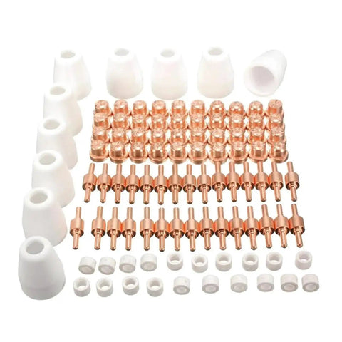 Ultimate 85 Pc Plasma Cutter Consumables Kit For Pt31 Lg40 Torch featuring copper nozzles and ceramic parts for 40 Amp machines.