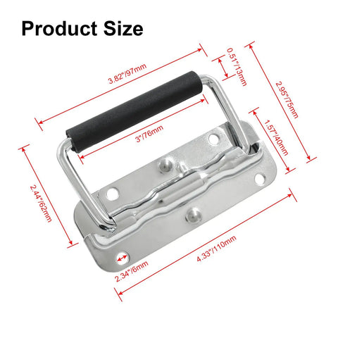 Hella Smooth 2 Pack Spring Loaded Folding Handles For Suitcase And Trunk Upgrades Built Dang Tough With Chrome Plating And Complete Mounting Screw Set, showing dimensions and details.