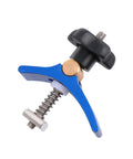 Beefy Heavy Duty Woodworking Clamp With Quick Action Hold Down For Carpentry Projects, T Slot Clamp in blue for diagonal cuts.